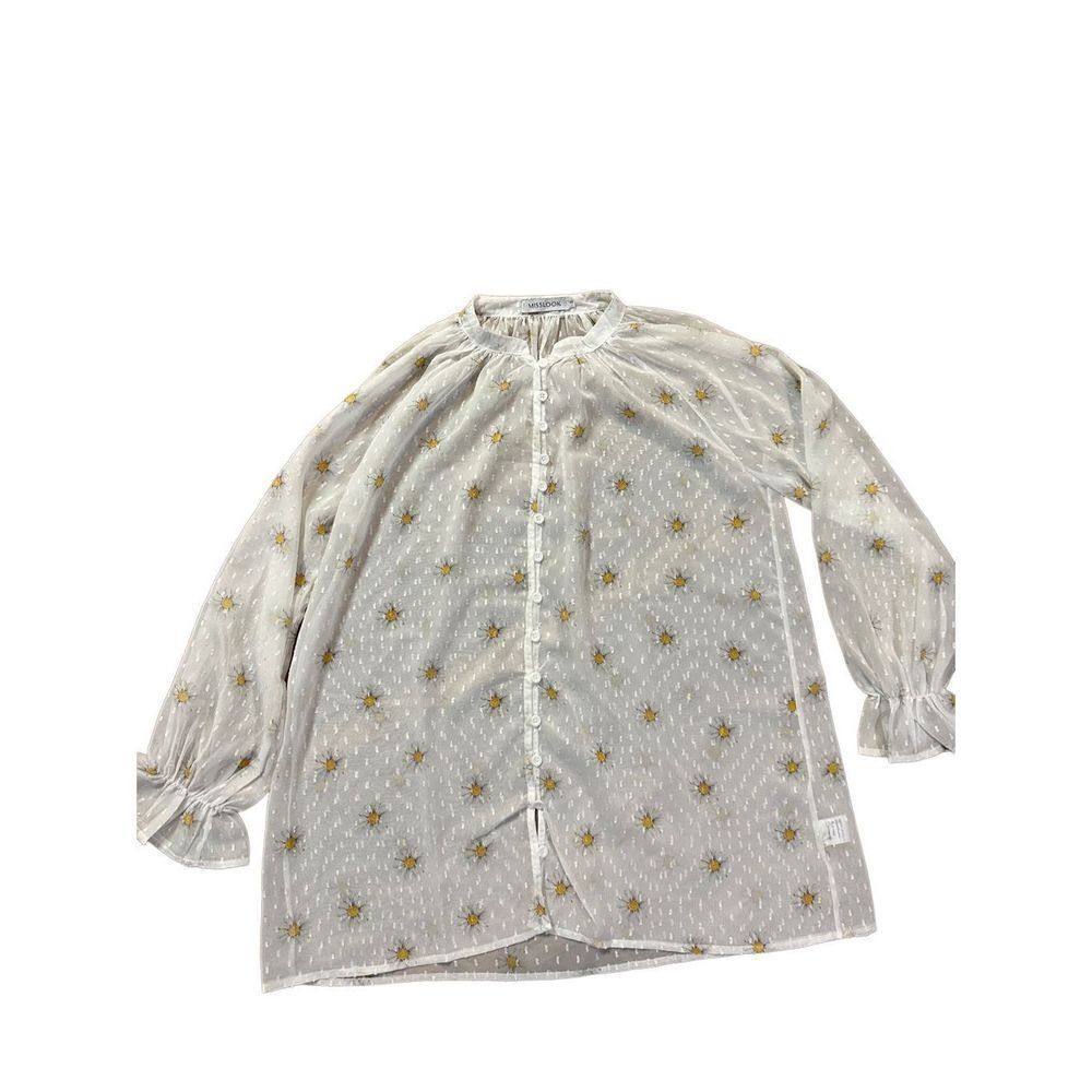 Misslook white daisy print chiffon long sleeve‎ peasant blouse S